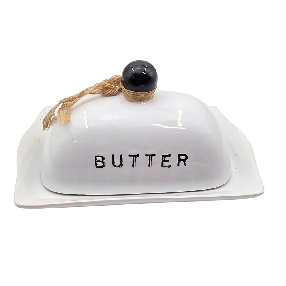 Market Finds White Ceramic Butter Dish with Lid Farmhouse Jute Twine Accent N3